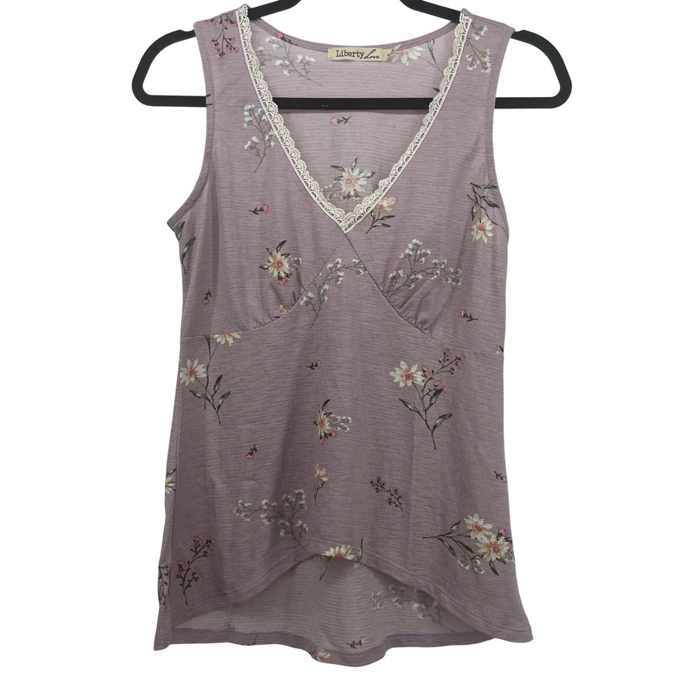 Liberty Love Women Size M Y2K Tank Top Mauve Floral‎ Lace Trim Empire Waist Cami